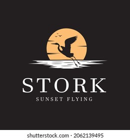 Flying Stork Heron Bird on River lake Creek Sunset logo design