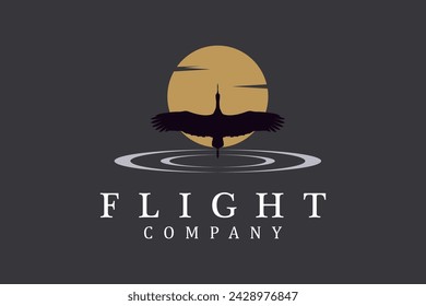 Flying Stork Heron Bird on River lake Creek Sunset logo design