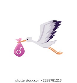 Flying stork holding pink bag with girl sign in beak flat style, vector illustration isolated on white background. Baby shower party, decorative design element, holiday