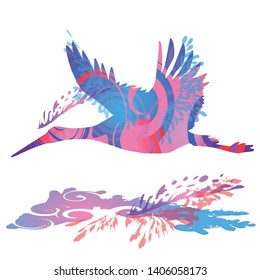 Flying stork and large bird in the sky