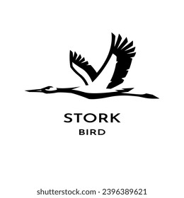 Flying stork logo. Black and White style. Vector illustration.