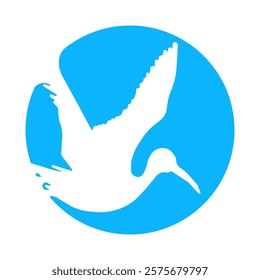 Flying Stork logo. Stork logo simple cartoon flying crane vector. Flying white stork with white wing logo sign on blue background