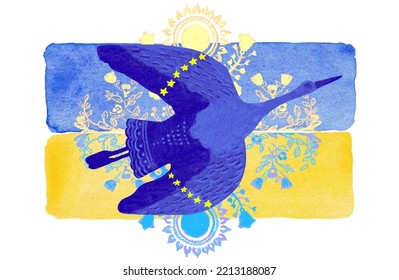 Flying stork on Ukraine flag bg. Peace symbol, no war concept. Vector on white background