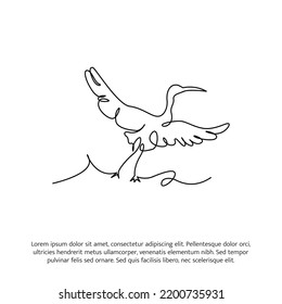 Flying stork one continuous line drawing. Cute decoration hand drawn elements. Vector illustration of minimalist style on a white background.