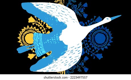 Flying stork. Peace symbol, no war concept. Hand drawn
