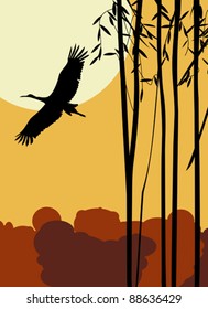Flying stork romantic background, abstract art illustration