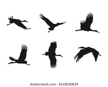Flying Stork silhouette icon. Silhouette or shadow black ink symbol of a crane bird or heron flying. Flat vector stock illustration. vector on a white background.