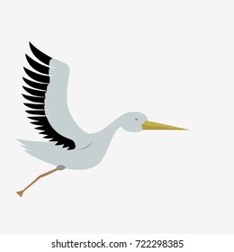 Flying stork in the sky. White isolated stork. Flat vector stock illustration