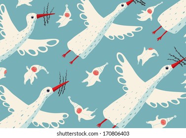 Flying Storks and Children Illustration. Baby boom childish illustration. Vector drawing EPS8.