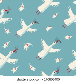  Flying Storks and Children Seamless Pattern. Baby boom childish pattern. Vector illustration EPS8.