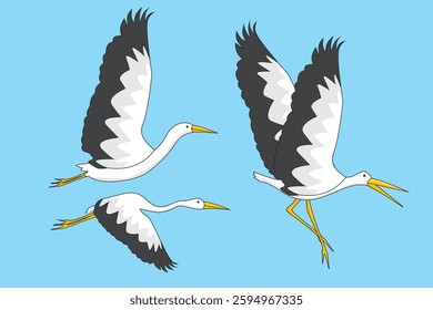 Flying storks vector. Illustration of a flock of flying storks on a blue background