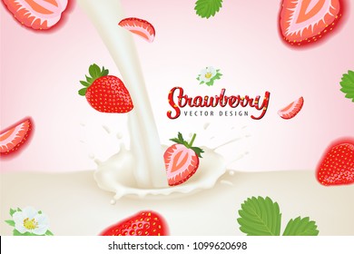 Flying strawberries plant consists of leaves, stems and flowers with milk splash on pink background template. Vector set of fruit element for advertising, packaging design of strawberry products.