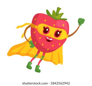 Flying up strawberry superhero mascot on white background