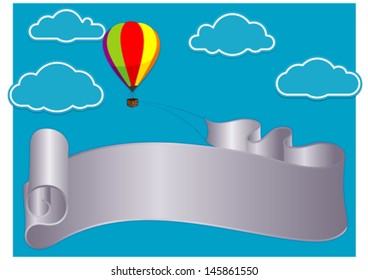 flying streamer or poster in the sky with colorful balloon