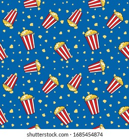 Flying strip popcorn buckets on blue background, funny cinema seamless pattern, vector illustration. Online movie theater background.