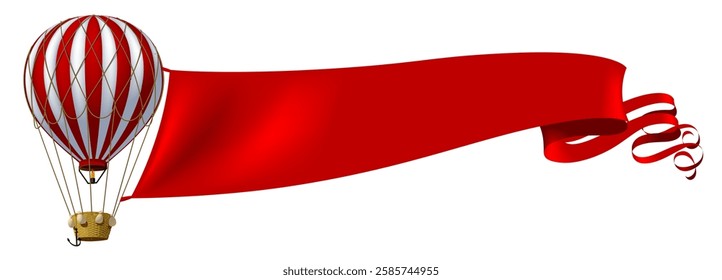 Flying striped red and white air balloon with a big waving advertising red banner isolated on white. Vector Illustration in 3d style