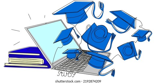 Flying student hats from a laptop in one line with colored silhouettes on a white background. Vector concept of online learning with the completion of courses on the Internet. Fast course completion.