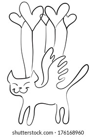 Flying stylized cat, cute kitten, vector drawing, drawing the line, heart-balls, drawing the line