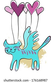 Flying stylized cat, cute kitten, vector drawing, drawing the line, heart-balls, colored illustration