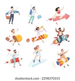 Flying successful businesspeople set. Business success, creative idea, innovation, start up concept cartoon vector illustration isolated on white