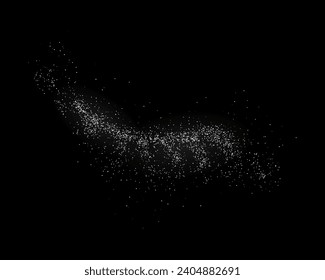 Flying sugar powder isolated on dark background. White dust with detailed particles. Vector illustration. Baking flour top view.