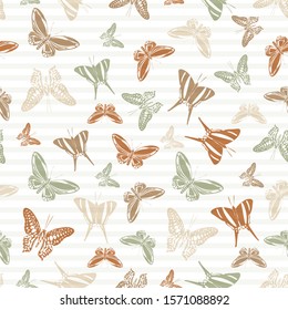 Flying summer butterfly silhouettes over striped background vector seamless pattern. Childish fashion textile print design. Lines and butterfly winged insect silhouettes seamless pattern.