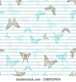 Flying summer butterfly silhouettes over striped background vector seamless pattern. Vintage fabric print design. Lines and butterfly winged insect silhouettes seamless wrapping.