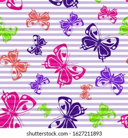 Flying summer butterfly silhouettes over striped background vector seamless pattern. Vintage fabric print design. Lines and butterfly garden insect silhouettes seamless wrapping.