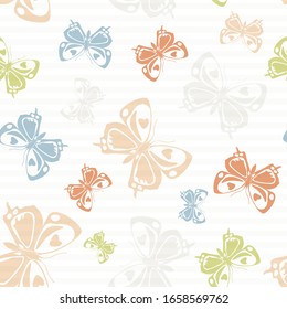 Flying summer butterfly silhouettes over striped background vector seamless pattern. Girlish fashion textile print design. Lines and butterfly winged insect silhouettes seamless pattern.
