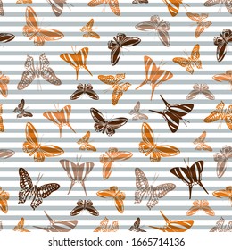 Flying summer butterfly silhouettes over horizontal stripes vector seamless pattern. Vintage fabric print design. Lines and butterfly winged insect silhouettes seamless wrapping.