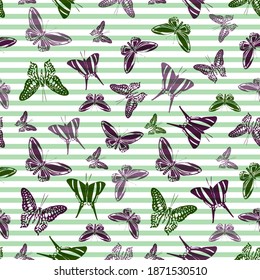 Flying summer butterfly silhouettes over striped background vector seamless pattern. Baby clothing textile print design. Stripes and butterfly winged insect silhouettes seamless illustration.