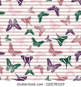 Flying summer butterfly silhouettes over horizontal stripes vector seamless pattern. Childish fashion textile print design. Lines and butterfly winged insect silhouettes seamless wallpaper.