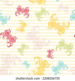 Flying summer butterfly silhouettes over striped background vector seamless pattern. Baby clothing fabric print design. Lines and butterfly garden insect silhouettes seamless illustration.