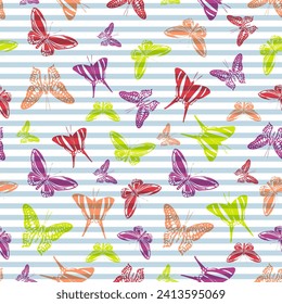 Flying summer butterfly silhouettes over horizontal stripes vector seamless pattern. Vintage textile print design. Lines and butterfly garden insect silhouettes seamless pattern.