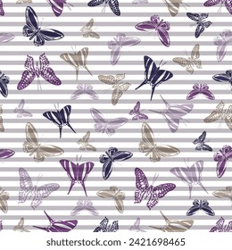 Flying summer butterfly silhouettes over horizontal stripes vector seamless pattern. Girlish fashion textile print design. Stripes and butterfly garden insect silhouettes seamless pattern.