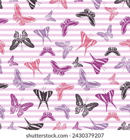 Flying summer butterfly silhouettes over striped background vector seamless pattern. Baby clothing textile print design. Lines and butterfly garden insect silhouettes seamless illustration.