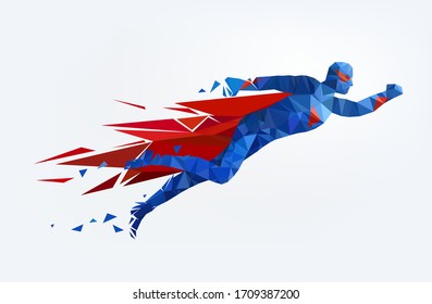 Flying super hero man in low poly style
