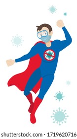 flying superhero anti coronavirus on isolated white background with molecules