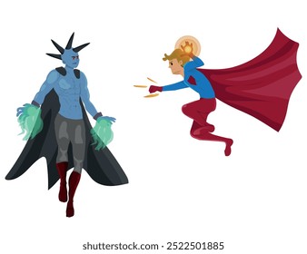 a flying superhero boy fighting a super villain, with a flowing cape. vector illustration.