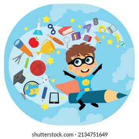 Flying superhero boy with pencil and school objects