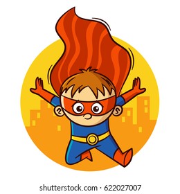 Flying Superhero Boy Sticker Vector Illustration