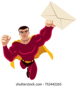 Flying superhero carrying envelope. 