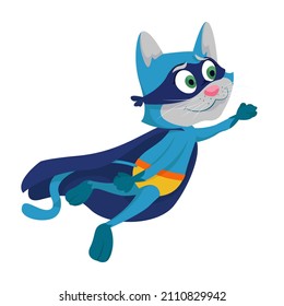 Flying superhero cat. Fictional character in cartoon style