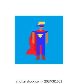 Flying superhero character pixel art flat style. Man in a raincoat. 8-bit. Vector