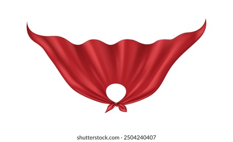 Flying superhero cloak realistic vector illustration. Superpower symbol. Bright red fabric cape flattering in air 3d object on white background