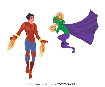 flying superhero fighting a super villain, with a flowing cape. vector illustration.