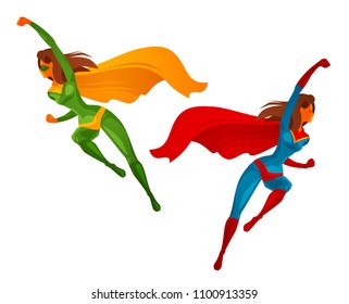 Flying superhero girl. Cartoon vector illustration