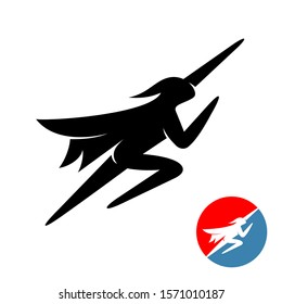 Flying superhero man logo. Human black silhouette fly up with hand forward. Sport super hero in a cape and a mask.