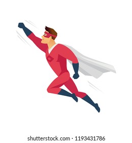 Flying Superhero - Modern Cartoon People Character Illustration Isolated On White Background. Colorful Composition With A Boy In Red Superman Costume, Mask And Mantle To The Rescue. Support Concept