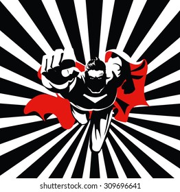 Flying superhero on camera. Black and white graphic. Illustration